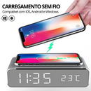 Carregador Sem Fio com Relógio Digital e Termômetro 3 em 1